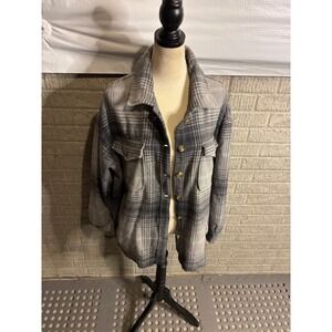 Aerie Women Grey Plaid Oversized Shacket Button Down Shirt Jacket Large NWT
